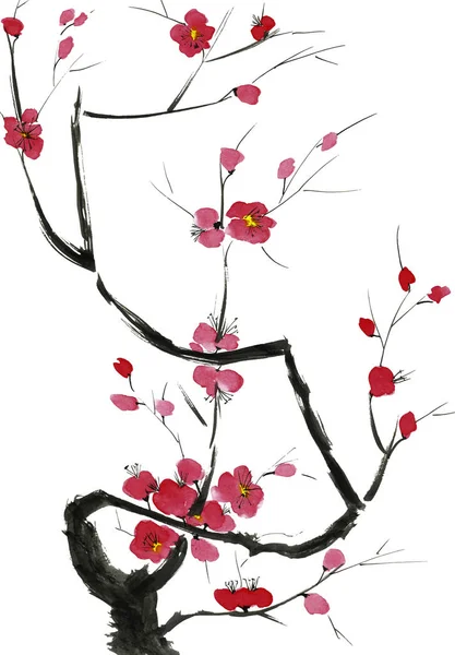 Ένα Υποκατάστημα Της Ανθοφορίας Δέντρο Ροζ Και Κόκκινα Λουλούδια Δαμάσκηνου — Φωτογραφία Αρχείου