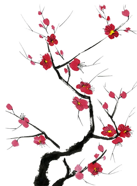 Branch Blossoming Tree Pink Red Stylized Flowers Plum Mei Wild — Stock Photo, Image