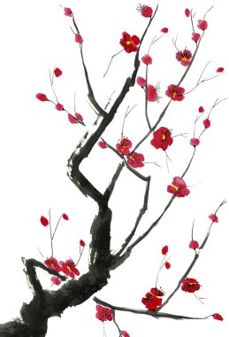 Şu yeni gelişen bir ağaç dalı. Pembe ve kırmızı erik çiçekleri stilize mei, yabani kayısı ve sakura. Suluboya ve mürekkep çizim stili sumi-e, u-sin. Oryantal geleneksel resim.  