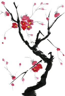 Şu yeni gelişen bir ağaç dalı. Pembe ve kırmızı erik çiçekleri stilize mei, yabani kayısı ve sakura. Suluboya ve mürekkep çizim stili sumi-e, u-sin. Oryantal geleneksel resim.  