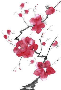 Şu yeni gelişen bir ağaç dalı. Pembe ve kırmızı erik çiçekleri stilize mei, yabani kayısı ve sakura. Suluboya ve mürekkep çizim stili sumi-e, u-sin. Oryantal geleneksel resim.  