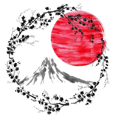 Oryantal geleneksel sumi-e boyama. Fuji Dağı, çiçeği sakura, günbatımı. Japonya güneş. Suluboya ve mürekkep illüstrasyon