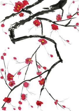 Şu yeni gelişen bir ağaç dalı. Pembe ve kırmızı erik çiçekleri stilize mei, yabani kayısı ve sakura. Suluboya ve mürekkep çizim stili sumi-e, u-sin. Oryantal geleneksel resim.  
