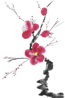 Şu yeni gelişen bir ağaç dalı. Pembe ve kırmızı erik çiçekleri stilize mei, yabani kayısı ve sakura. Suluboya ve mürekkep çizim stili sumi-e, u-sin. Oryantal geleneksel resim.  