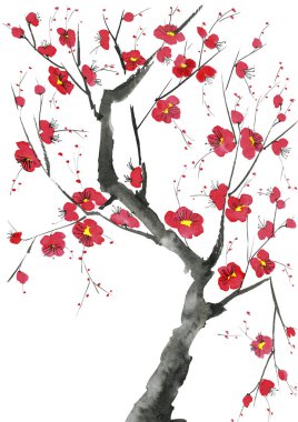 Şu yeni gelişen bir ağaç dalı. Pembe ve kırmızı erik çiçekleri stilize mei, yabani kayısı ve sakura. Suluboya ve mürekkep çizim stili sumi-e, u-sin. Oryantal geleneksel resim.  