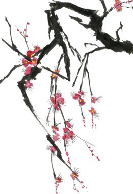 Şu yeni gelişen bir ağaç dalı. Pembe ve kırmızı erik çiçekleri stilize mei, yabani kayısı ve sakura. Suluboya ve mürekkep çizim stili sumi-e, u-sin. Oryantal geleneksel resim.  