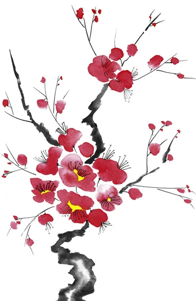 A branch of a blossoming tree. Pink and red stylized flowers of plum mei, wild apricots and sakura . Watercolor and ink illustration in style sumi-e, u-sin. Oriental traditional painting.