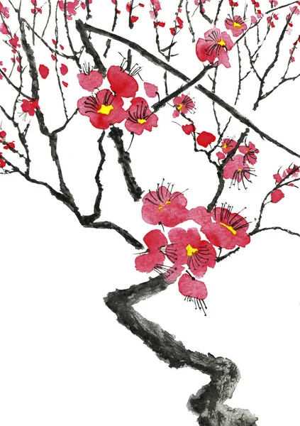 開花木の枝 ピンクと赤が梅の花を様式化された美 野生アプリコット さくら スタイル墨絵 インク イラスト 東洋の伝統的な絵画 — ストック写真