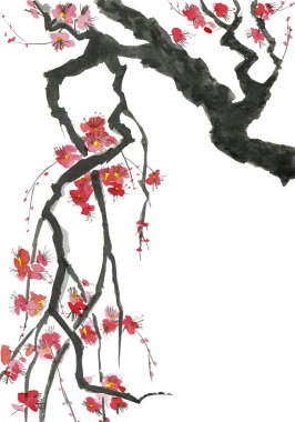 Şu yeni gelişen bir ağaç dalı. Pembe ve kırmızı erik çiçekleri stilize mei, yabani kayısı ve sakura. Suluboya ve mürekkep çizim stili sumi-e, u-sin. Oryantal geleneksel resim.  