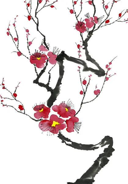 Gałąź Kwitnąca Drzewo Czerwony Różowy Stylizowane Kwiaty Śliwy Mei Dzikie — Zdjęcie stockowe