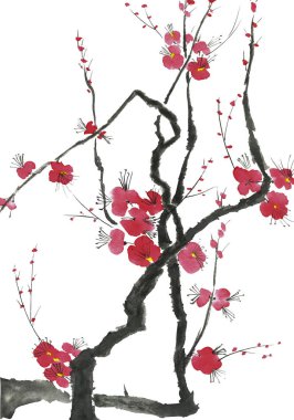Şu yeni gelişen bir ağaç dalı. Pembe ve kırmızı erik çiçekleri stilize mei, yabani kayısı ve sakura. Suluboya ve mürekkep çizim stili sumi-e, u-sin. Oryantal geleneksel resim.  