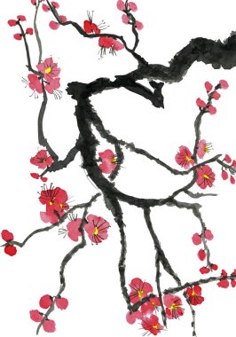 Şu yeni gelişen bir ağaç dalı. Pembe ve kırmızı erik çiçekleri stilize mei, yabani kayısı ve sakura. Suluboya ve mürekkep çizim stili sumi-e, u-sin. Oryantal geleneksel resim.  