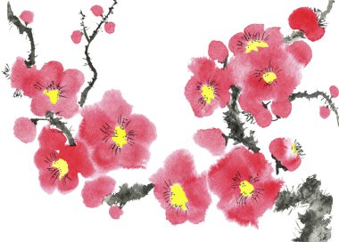 Şu yeni gelişen bir ağaç dalı. Pembe ve kırmızı erik çiçekleri stilize mei, yabani kayısı ve sakura. Suluboya ve mürekkep çizim stili sumi-e, u-sin. Oryantal geleneksel resim.  