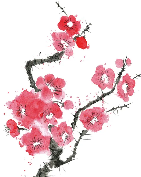 Una Rama Árbol Floreciente Flores Estilizadas Rosas Rojas Ciruela Mei —  Fotos de Stock