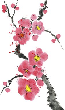 Şu yeni gelişen bir ağaç dalı. Pembe ve kırmızı erik çiçekleri stilize mei, yabani kayısı ve sakura. Suluboya ve mürekkep çizim stili sumi-e, u-sin. Oryantal geleneksel resim.  