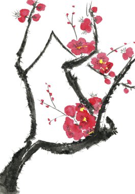 Şu yeni gelişen bir ağaç dalı. Pembe ve kırmızı erik çiçekleri stilize mei, yabani kayısı ve sakura. Suluboya ve mürekkep çizim stili sumi-e, u-sin. Oryantal geleneksel resim.  