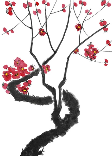 Branch Blossoming Tree Pink Red Stylized Flowers Plum Mei Wild — Stock Photo, Image