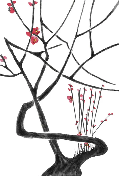 樱花的枝条 野生杏子和樱桃的粉红色和红色风格的花 水彩和水墨插图的树的风格 Sumi Sin 东方传统绘画 — 图库照片
