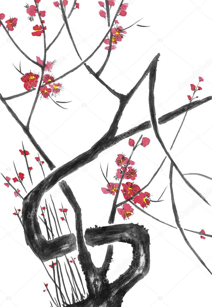 A branch of a blossoming sakura. Pink and red stylized flowers of plum mei, wild apricots and cherry . Watercolor and ink illustration of tree in style sumi-e, u-sin. Oriental traditional painting. 
