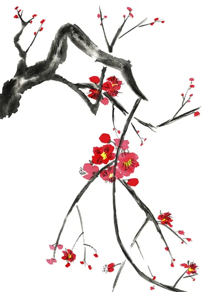 Ramo Sakura Florescente Flores Estilizadas Rosa Vermelha Ameixa Mei Damascos — Fotografia de Stock