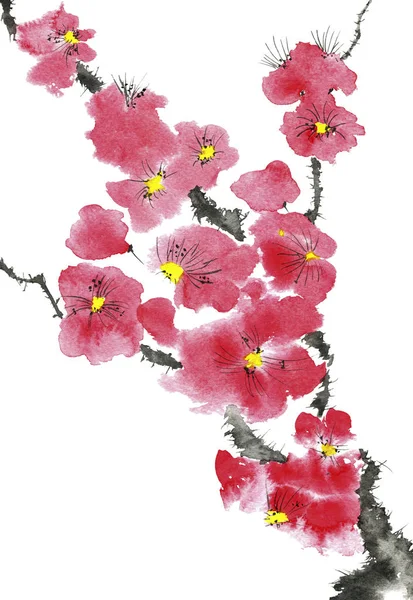 Ένα Κλαδί Άνθησης Ροζ Και Κόκκινα Στυλιζαρισμένα Λουλούδια Από Δαμάσκηνα — Φωτογραφία Αρχείου