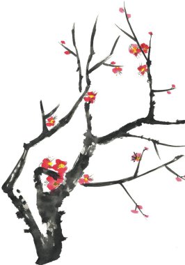 Çiçek açması sakura dalı. Pembe ve kırmızı erik çiçekleri stilize mei ve yabani kiraz. Suluboya ve mürekkep stili sumi-e, go-hua, u-sin ağacında Illustration. Oryantal geleneksel resim.