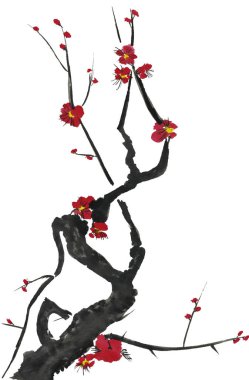 Çiçek açması sakura dalı. Pembe ve kırmızı erik çiçekleri stilize mei ve yabani kiraz. Suluboya ve mürekkep stili sumi-e, go-hua, u-sin ağacında Illustration. Oryantal geleneksel resim.