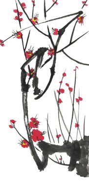 Çiçek açması sakura dalı. Pembe ve kırmızı erik çiçekleri stilize mei ve yabani kiraz. Suluboya ve mürekkep stili sumi-e, go-hua, u-sin ağacında Illustration. Oryantal geleneksel resim.