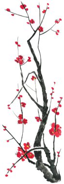 Çiçek açması sakura dalı. Pembe ve kırmızı erik çiçekleri stilize mei ve yabani kiraz. Suluboya ve mürekkep stili sumi-e, go-hua, u-sin ağacında Illustration. Oryantal geleneksel resim.
