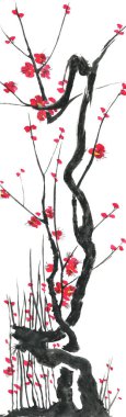 Çiçek açması sakura dalı. Pembe ve kırmızı erik çiçekleri stilize mei ve yabani kiraz. Suluboya ve mürekkep stili sumi-e, go-hua, u-sin ağacında Illustration. Oryantal geleneksel resim.