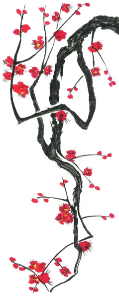 Ein Zweig Einer Blühenden Sakura Rosa Und Rot Stilisierte Blüten — Stockfoto
