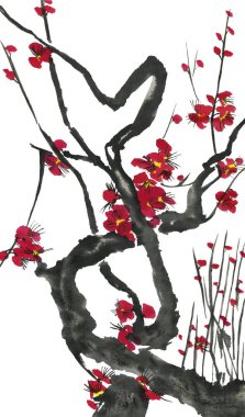 Çiçek açması sakura dalı. Pembe ve kırmızı erik çiçekleri stilize mei ve yabani kiraz. Suluboya ve mürekkep stili sumi-e, go-hua, u-sin ağacında Illustration. Oryantal geleneksel resim.