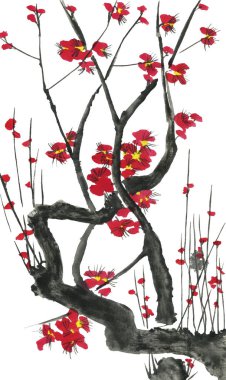 Çiçek açması sakura dalı. Pembe ve kırmızı erik çiçekleri stilize mei ve yabani kiraz. Suluboya ve mürekkep stili sumi-e, go-hua, u-sin ağacında Illustration. Oryantal geleneksel resim.