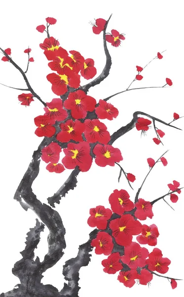 Гілка Квітучої Сакури Рожево Червоні Стилізовані Квіти Сливового Мея Дикої — стокове фото