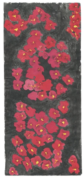 Svart Bakgrund Blommande Sakura Rosa Och Rött Stiliserade Blommor Plommon — Stockfoto