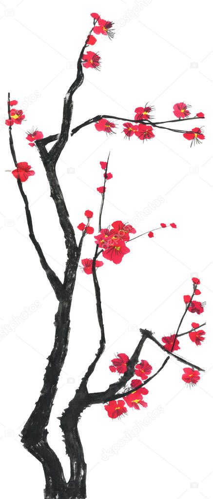 A branch of a blossoming sakura. Pink and red stylized flowers of plum mei and  wild cherry . Watercolor and ink illustration of tree in style sumi-e, go-hua,  u-sin. Oriental traditional painting.