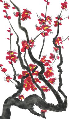 Çiçek açması sakura dalı. Pembe ve kırmızı erik çiçekleri stilize mei ve yabani kiraz. Suluboya ve mürekkep stili sumi-e, go-hua, u-sin ağacında Illustration. Oryantal geleneksel resim.