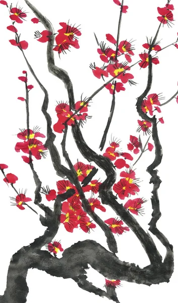 樱花的枝条 粉红和红色的梅花和野生樱桃的花色 水彩和水墨插图的树的风格相思 东方传统绘画 — 图库照片