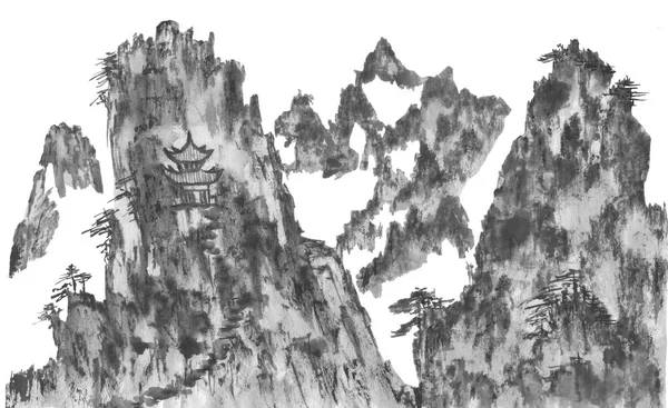 Horská Krajina Mlze Akvarel Inkoust Stylu Sumi Sin Hua Tradiční — Stock fotografie