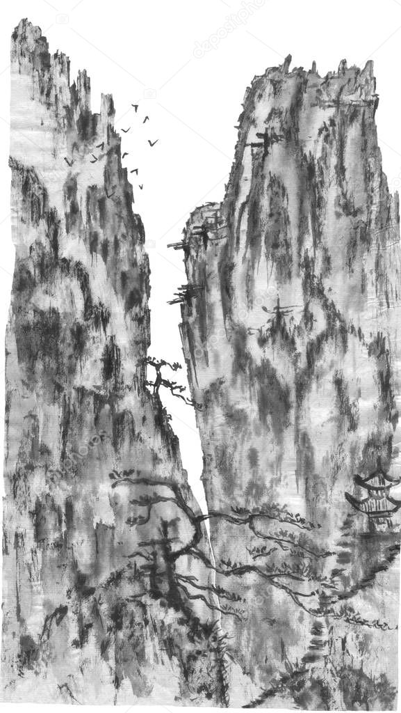 Mountain landscape in the fog.  Watercolor and ink illustration in style sumi-e, u-sin, go-hua. Oriental traditional painting. Monochrome