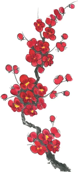 満開の桜の枝 ピンクと赤が梅の花を様式化された美とワイルド チェリー スタイル 行く華 罪木の水彩 インクのイラスト 東洋の伝統的な絵画 — ストック写真