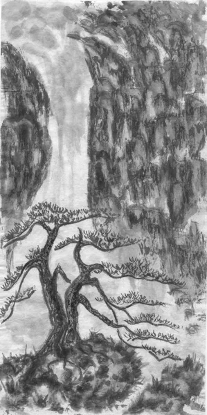Гірський Пейзаж Водоспад Китайська Сосна Ілюстрація Акварелі Чорнила Стилі Сумі — стокове фото