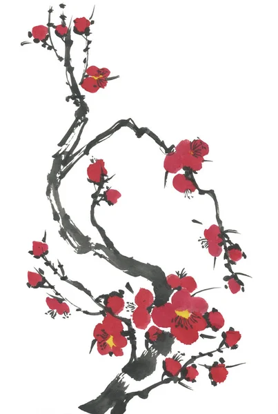 Une Branche Sakura Fleurs Fleurs Roses Rouges Stylisées Prune Mei — Photo