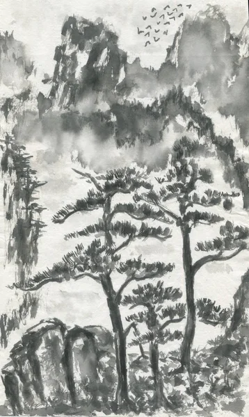 Kinesiska Tallar Och Berg Landskap Dimma Akvarell Och Tusch Illustration — Stockfoto