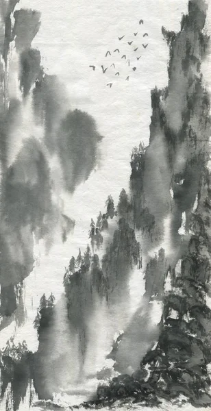 Mountain landscape in a fog .  Watercolor and ink illustration in style sumi-e, u-sin, go-hua. Oriental traditional painting. Monochrome