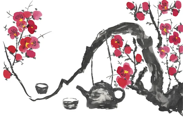 Китайська Чайна Церемонія Гілки Квітучого Сакури Рожеві Червоні Стилізовані Квіти — стокове фото