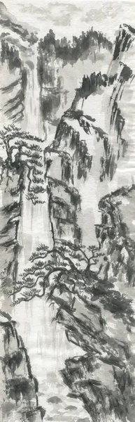 Paysage Montagneux Cascade Pins Chinois Aquarelle Illustration Encre Dans Style — Photo