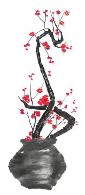 Vazoda kiraz çiçeklerinden oluşan bir dal. Erik mei ve yabani kiraz pembe ve kırmızı stilize çiçekler . Suluboya ve ağaç mürekkep illüstrasyon tarzı sumi-e, go-hua. Oryantal geleneksel resim