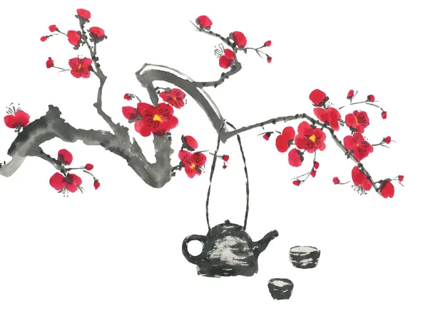 Cerimônia Chá Chinesa Ramo Sakura Florescente Flores Estilizadas Rosa Vermelha — Fotografia de Stock