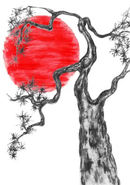 Çin çamı ve kızıl güneş. Japon suluboya. Stil sumi-e, go-hua, dövme için u-sin ağacın Hint mürekkep illüstrasyon. Oryantal geleneksel resim. Beyaz arka planda yalıtılmış.